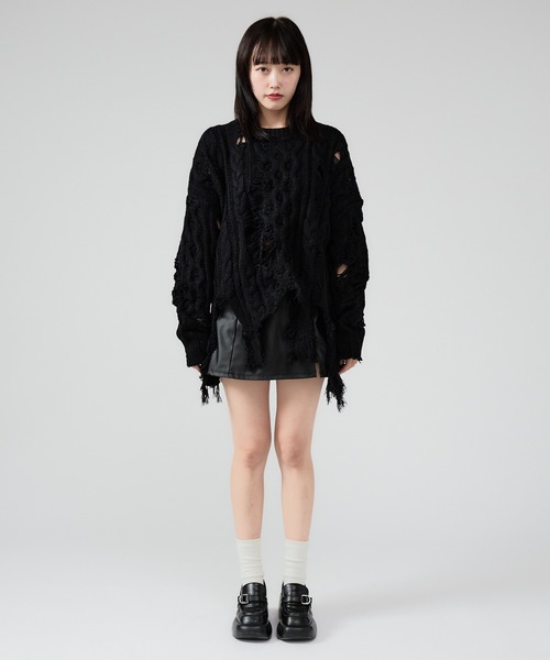 DIESEL ダメージ クロップドニット 短丈 ブラック フレイム 柄　個性的 DIESEL（ディーゼル） ニット トップス レディース カットアウト