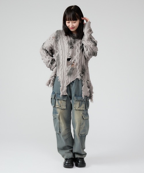 Chick(チック)の「Dirt Processing Damage Knit / 汚れ加工ダメージニット(ニット/セーター・レディース・ブラック/グレー/ブラウン・FREE)」の18枚目の写真