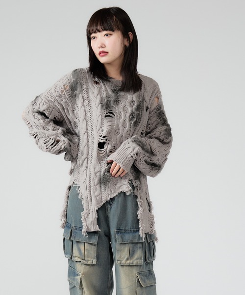 Chick(チック)の「Dirt Processing Damage Knit / 汚れ加工ダメージニット(ニット/セーター・レディース・ブラック/グレー/ブラウン・FREE)」の15枚目の写真