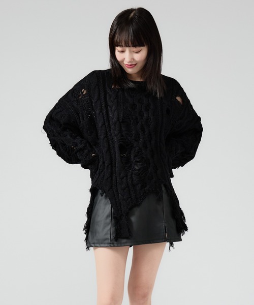 Chick(チック)の「Dirt Processing Damage Knit / 汚れ加工ダメージニット(ニット/セーター・レディース・ブラック/グレー/ブラウン・FREE)」の9枚目の写真