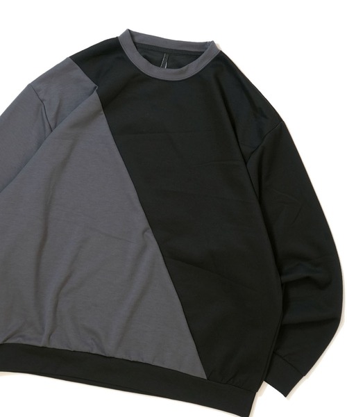おしゃれスタ（オシャレスタ）の「cardboard knit switching crew neck cutsew/ダンボールニット 切り替え クルーネック カットソー オーバーサイズ メンズ レディース（スウェット・メンズ・ブラック/サックスブルー/チャコールグレー/ホワイト・M/L/XL）」の2枚目の写真