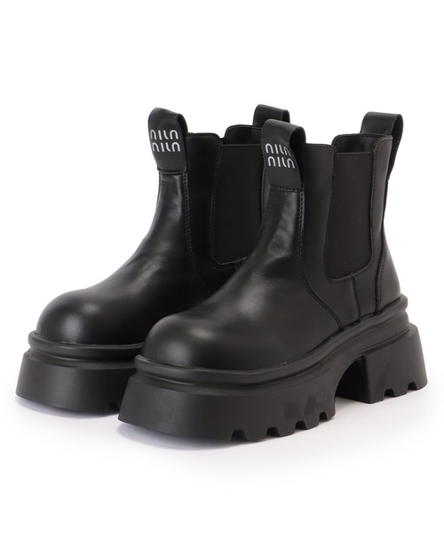 セール】プルストラップ付き ラウンドトゥ レザー調 サイドゴア