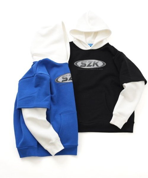 GLAZOS（グラソス）の「【大人向けサイズあり】【あったか】裏起毛・袖レイヤードフロントプリントパーカー（パーカー・キッズ・ブラック/ブルー・L/M/S/LL）」の12枚目の写真