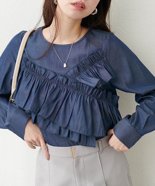 natural couture(ナチュラルクチュール)の「アシメフリルブラウス(シャツ/ブラウス・レディース・ネイビー/その他1/サックスブルー/オフホワイト・FREE)」の3枚目の写真