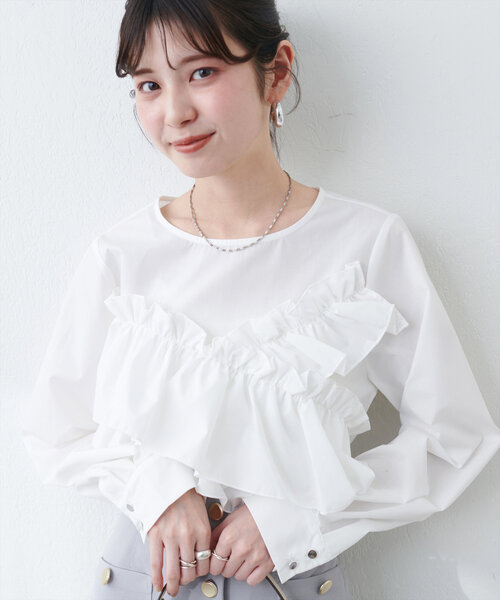 natural couture(ナチュラルクチュール)の「アシメフリルブラウス(シャツ/ブラウス・レディース・ネイビー/その他1/サックスブルー/オフホワイト・FREE)」の1枚目の写真