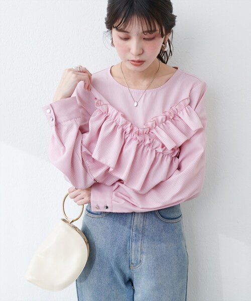 natural couture(ナチュラルクチュール)の「アシメフリルブラウス(シャツ/ブラウス・レディース・ネイビー/その他1/サックスブルー/オフホワイト・FREE)」の21枚目の写真
