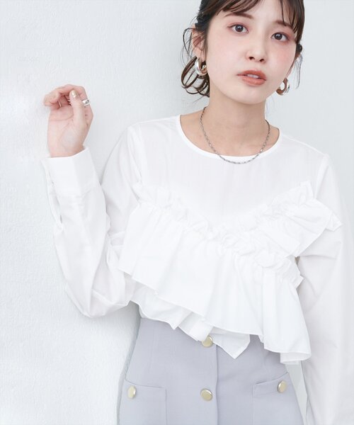 natural couture(ナチュラルクチュール)の「アシメフリルブラウス(シャツ/ブラウス・レディース・ネイビー/その他1/サックスブルー/オフホワイト・FREE)」の7枚目の写真