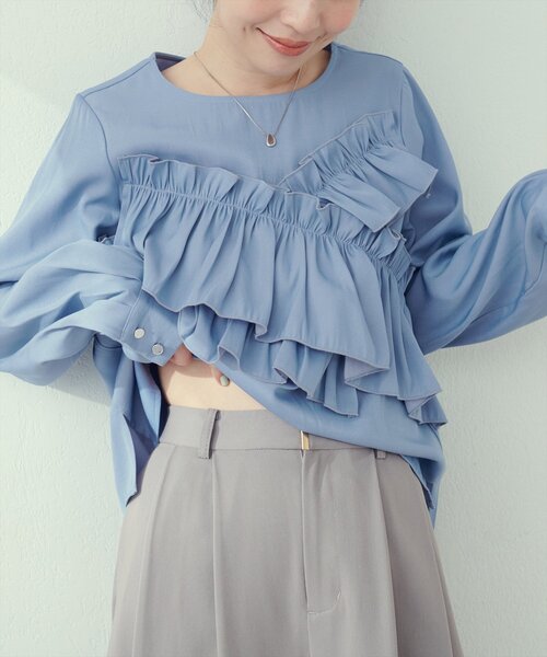 natural couture(ナチュラルクチュール)の「アシメフリルブラウス(シャツ/ブラウス・レディース・ネイビー/その他1/サックスブルー/オフホワイト・FREE)」の14枚目の写真