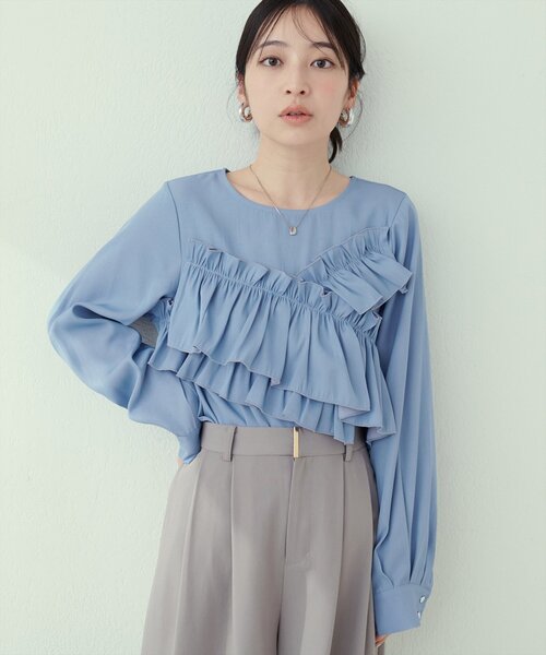 natural couture(ナチュラルクチュール)の「アシメフリルブラウス(シャツ/ブラウス・レディース・ネイビー/その他1/サックスブルー/オフホワイト・FREE)」の15枚目の写真