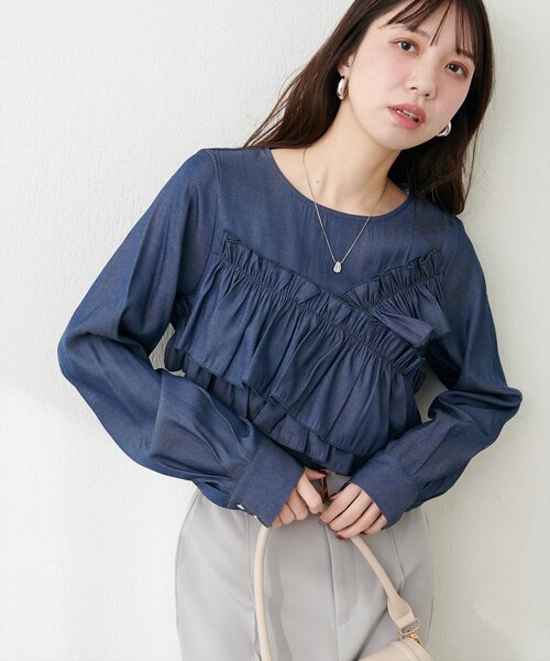 natural couture(ナチュラルクチュール)の「アシメフリルブラウス(シャツ/ブラウス・レディース・ネイビー/その他1/サックスブルー/オフホワイト・FREE)」の10枚目の写真