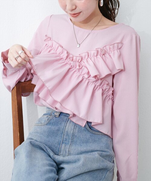 natural couture(ナチュラルクチュール)の「アシメフリルブラウス(シャツ/ブラウス・レディース・ネイビー/その他1/サックスブルー/オフホワイト・FREE)」の20枚目の写真