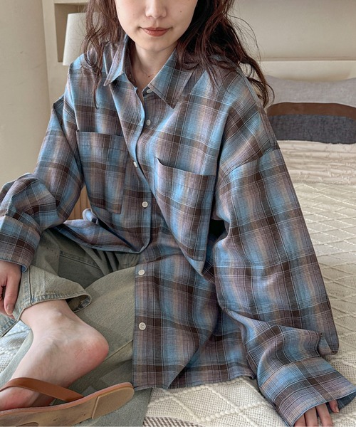 PILIT(ピリット)の「ビッグチェックシャツ(シャツ/ブラウス・レディース・ブルー/グレー・MEDIUM)」の1枚目の写真