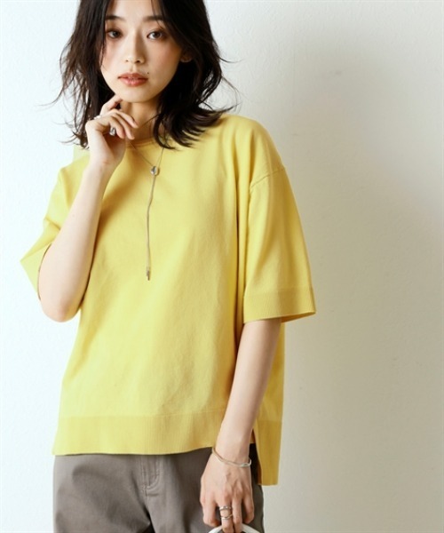 Maison INNESS（メゾンアイネス）の「【T-KNIT】綿混5分袖アイレットネックオーバーサイズニットトップス【接触冷感・毛玉になりにくい】＜大きいサイズ有＞（ニット/セーター・レディース・ブラック/ホワイト×ブラック/杢グレー/イエロー/モカ/サックスブルー・3L/S/M/L/LL/4L/5L）」の6枚目の写真