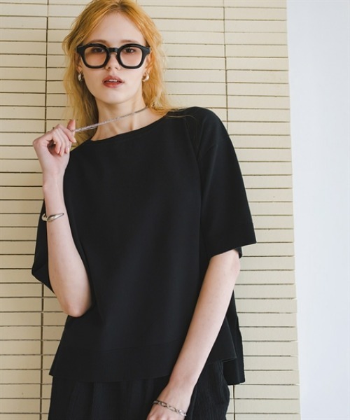 ドゥロワー　ブラックコットンニットトップス 半袖 T-KNIT】綿混5分袖アイレットネックオーバーサイズニットトップス