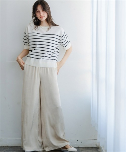 Maison INNESS（メゾンアイネス）の「【T-KNIT】綿混5分袖アイレットネックオーバーサイズニットトップス【接触冷感・毛玉になりにくい】＜大きいサイズ有＞（ニット/セーター・レディース・ブラック/ホワイト×ブラック/杢グレー/イエロー/モカ/サックスブルー・3L/S/M/L/LL/4L/5L）」の8枚目の写真