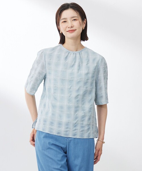 J.PRESS Ladies(J.プレス レディス)の「【洗える】SHEER チェック フレアスリーブ ブラウス(シャツ/ブラウス・レディース・ピーコックグリーン系3/オレンジ系3/ホワイト系3・XS)」の3枚目の写真