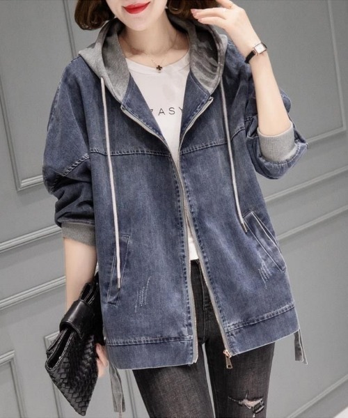 BLANC FICELLE（ブランフィセル）の「フード付き　デニム　ジャケット　ZIP　UP（デニムジャケット・レディース・インディゴブルー・M/L/XL）」の5枚目の写真