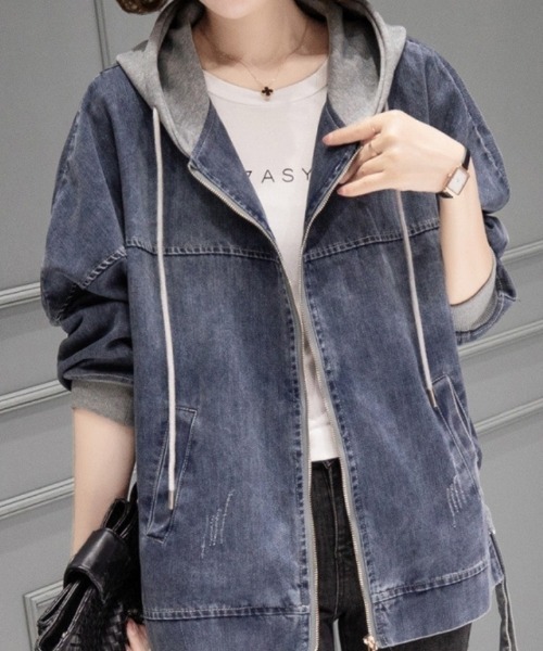 BLANC FICELLE（ブランフィセル）の「フード付き　デニム　ジャケット　ZIP　UP（デニムジャケット・レディース・インディゴブルー・M/L/XL）」の4枚目の写真