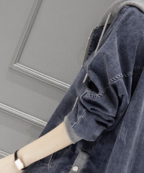 BLANC FICELLE（ブランフィセル）の「フード付き　デニム　ジャケット　ZIP　UP（デニムジャケット・レディース・インディゴブルー・M/L/XL）」の7枚目の写真