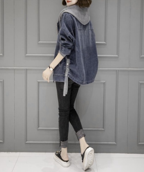 BLANC FICELLE（ブランフィセル）の「フード付き　デニム　ジャケット　ZIP　UP（デニムジャケット・レディース・インディゴブルー・M/L/XL）」の9枚目の写真