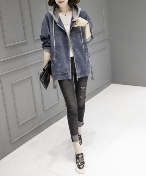 BLANC FICELLE（ブランフィセル）の「フード付き　デニム　ジャケット　ZIP　UP（デニムジャケット・レディース・インディゴブルー・M/L/XL）」の8枚目の写真