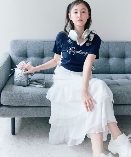 OLIVE des OLIVE(オリーブデオリーブ)の「【細見え/着回し万能◎】ラインドロストTシャツ(Tシャツ/カットソー・レディース・サックスブルー/オフホワイト/ネイビー・FREE)」の5枚目の写真