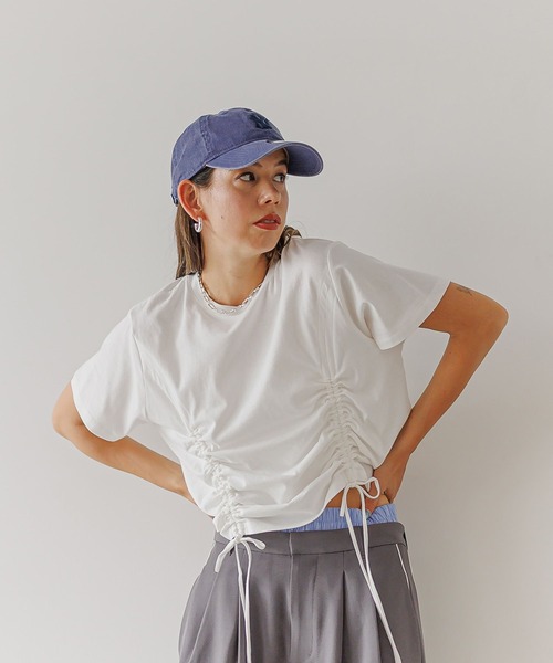 BAYFLOW(ベイフロー)の「シャーリング半袖Tシャツ(Tシャツ/カットソー・レディース・ピンク/オフホワイト/ブラック・FREE)」の1枚目の写真
