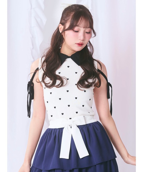 Me roir（ミーロワール）の「ハート刺繍ニット（ニット/セーター・レディース・ネイビー/ホワイト/ピンク・M）」の2枚目の写真