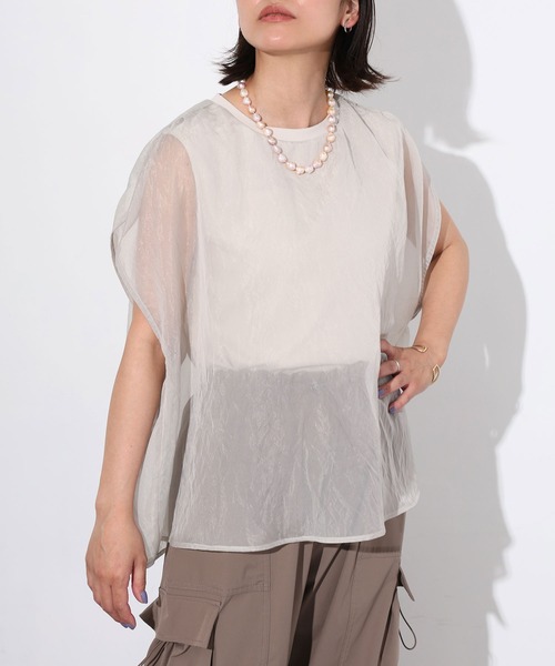 tシャツ 接触冷感 レイヤードシアーノースリトップス レディース セール】接触冷感 レイヤードシアーノースリトップス（Tシャツ