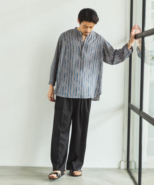 EDIFICE(エディフィス)の「ストライプ ドレーピー 8分袖 バンドカラープルオーバーシャツ(シャツ/ブラウス・メンズ・ボルドー/ブラック/グレー・MEDIUM/LARGE)」の13枚目の写真