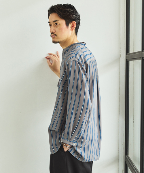 EDIFICE(エディフィス)の「ストライプ ドレーピー 8分袖 バンドカラープルオーバーシャツ(シャツ/ブラウス・メンズ・ボルドー/ブラック/グレー・MEDIUM/LARGE)」の16枚目の写真
