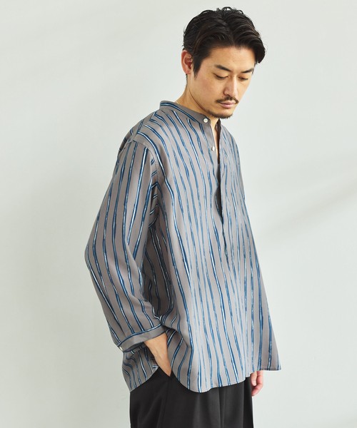 EDIFICE(エディフィス)の「ストライプ ドレーピー 8分袖 バンドカラープルオーバーシャツ(シャツ/ブラウス・メンズ・ボルドー/ブラック/グレー・MEDIUM/LARGE)」の18枚目の写真