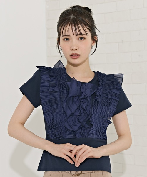 REDYAZEL(レディアゼル)の「ラッフルプリーツTシャツ(Tシャツ/カットソー・レディース・サックスブルー/オフホワイト/ネイビー・FREE)」の1枚目の写真