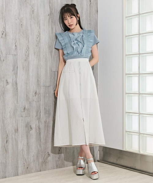 REDYAZEL(レディアゼル)の「ラッフルプリーツTシャツ(Tシャツ/カットソー・レディース・サックスブルー/オフホワイト/ネイビー・FREE)」の4枚目の写真