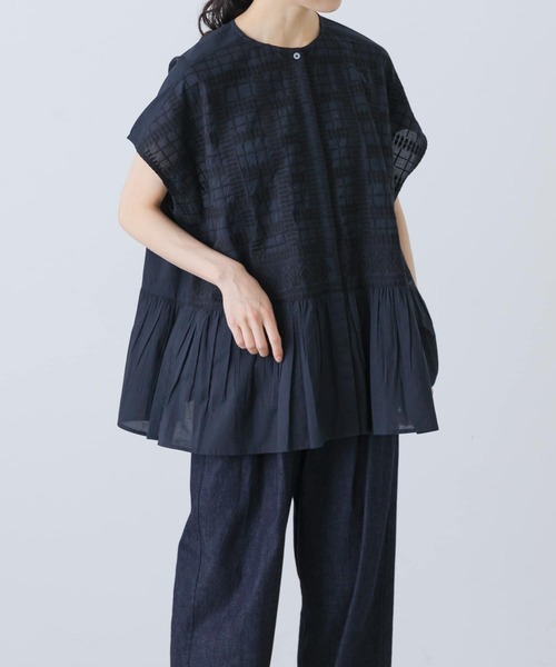 かぐれ　フロント刺繍フレンチブラウス　NAVY フロント刺繍フレンチブラウス（シャツ/ブラウス）｜かぐれ