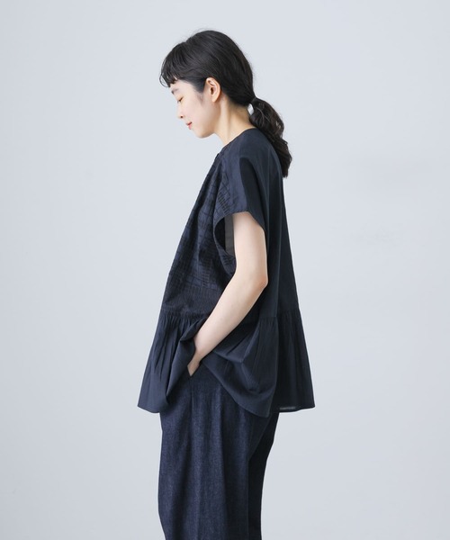 新品タグ付き　かぐれ　フロント刺繍フレンチブラウス　NAVY フロント刺繍フレンチブラウス（シャツ/ブラウス）｜かぐれ