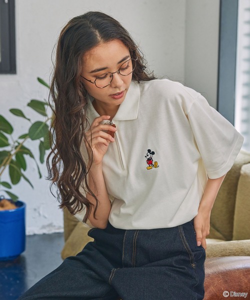 Disney】ミッキー＆フレンズ / 別注 ロゴワンポイト刺繍 鹿の子ハーフ