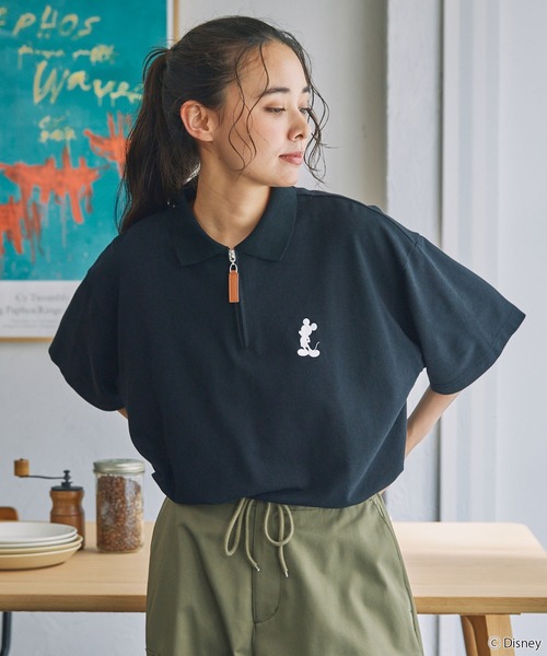 Disney】ミッキー＆フレンズ / 別注 ロゴワンポイト刺繍 鹿の子ハーフ