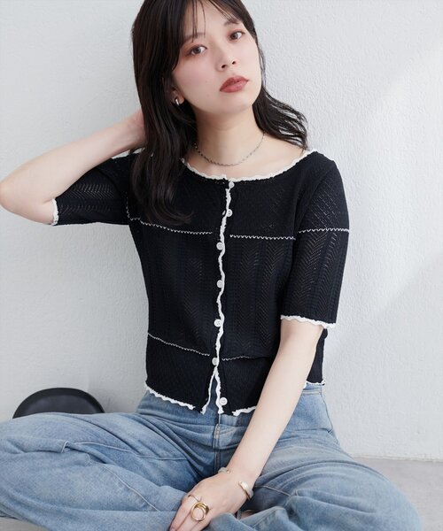 natural couture（ナチュラルクチュール）の「クロシェ編みカーデ（カーディガン/ボレロ・レディース・オフホワイト/サックスブルー/ブラック・FREE）」の2枚目の写真