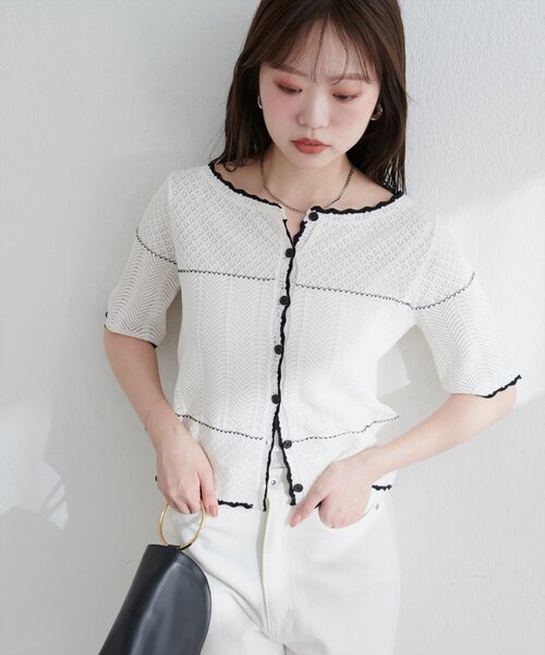 natural couture（ナチュラルクチュール）の「クロシェ編みカーデ（カーディガン/ボレロ・レディース・オフホワイト/サックスブルー/ブラック・FREE）」の6枚目の写真