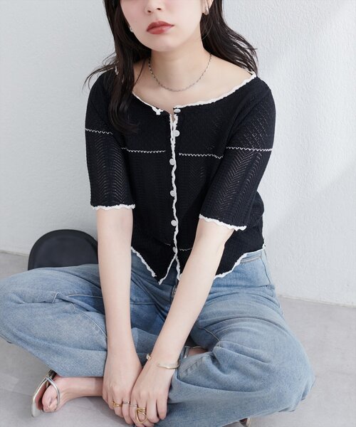 natural couture（ナチュラルクチュール）の「クロシェ編みカーデ（カーディガン/ボレロ・レディース・オフホワイト/サックスブルー/ブラック・FREE）」の9枚目の写真