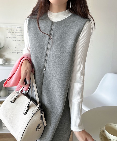 classicalelf（クラシカルエルフ）の「肉厚素材が気になるスタイルをカバー♪前後2wayダンボールハーフジップジャンパースカート(ロング丈)（ワンピース・レディース・チャコール/ブラック/ブラウン/ベージュ・SMALL/LARGE/X-LARGE/MEDIUM）」の15枚目の写真