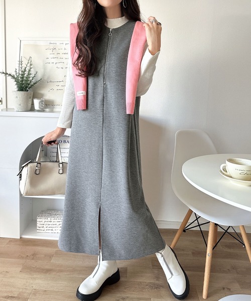 classicalelf（クラシカルエルフ）の「肉厚素材が気になるスタイルをカバー♪前後2wayダンボールハーフジップジャンパースカート(ロング丈)（ワンピース・レディース・チャコール/ブラック/ブラウン/ベージュ・SMALL/LARGE/X-LARGE/MEDIUM）」の18枚目の写真