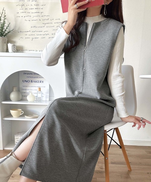 classicalelf（クラシカルエルフ）の「肉厚素材が気になるスタイルをカバー♪前後2wayダンボールハーフジップジャンパースカート(ロング丈)（ワンピース・レディース・チャコール/ブラック/ブラウン/ベージュ・SMALL/LARGE/X-LARGE/MEDIUM）」の14枚目の写真