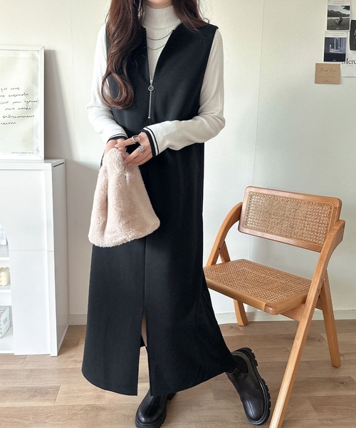 classicalelf（クラシカルエルフ）の「肉厚素材が気になるスタイルをカバー♪前後2wayダンボールハーフジップジャンパースカート(ロング丈)（ワンピース・レディース・チャコール/ブラック/ブラウン/ベージュ・SMALL/LARGE/X-LARGE/MEDIUM）」の5枚目の写真