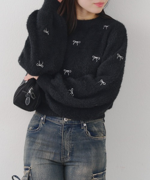 Another Branch olive des olive(アナザーブランチオリーブデオリーブ)の「リボン刺しゅうフェザープルオーバー(ニット/セーター・レディース・ブラック/アイボリー/ベージュ/ラベンダー/レッド/ホワイト系その他/ベージュ系その他・FREE)」の9枚目の写真