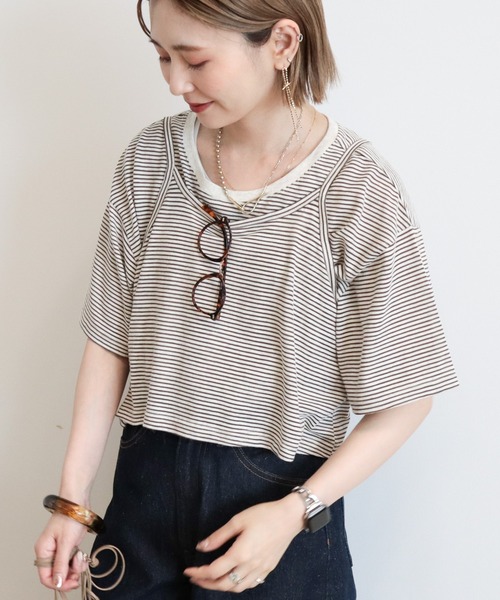 AMERICAN HOLIC（アメリカンホリック）の「【2点セット】キャミレイヤードTシャツ（Tシャツ/カットソー・レディース・ブラック/ブラウン・M/L）」の2枚目の写真