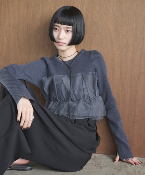 AIC.（エーアイシー）の「チュールコンビリブトップス（ニット/セーター・レディース・オフホワイト/ブラック/チャコールグレー・FREE）」の3枚目の写真