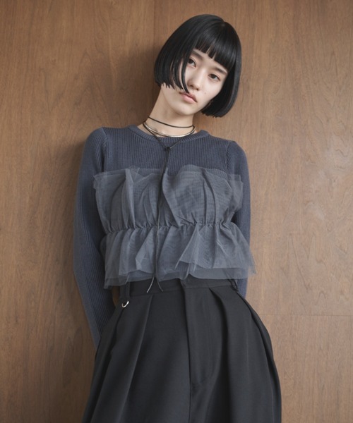 AIC.（エーアイシー）の「チュールコンビリブトップス（ニット/セーター・レディース・オフホワイト/ブラック/チャコールグレー・FREE）」の6枚目の写真