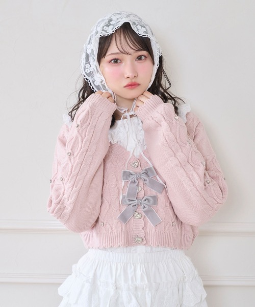 Honey Cinnamon(ハニーシナモン)の「ハートビジューショートカーディガン(カーディガン/ボレロ・レディース・グレー/ブラック/ピンク・FREE)」の8枚目の写真